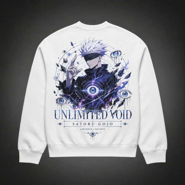 White sweatshirt with Gojo Satoru Jujutsu Kaisen Unlimited Void graphic – photo 1