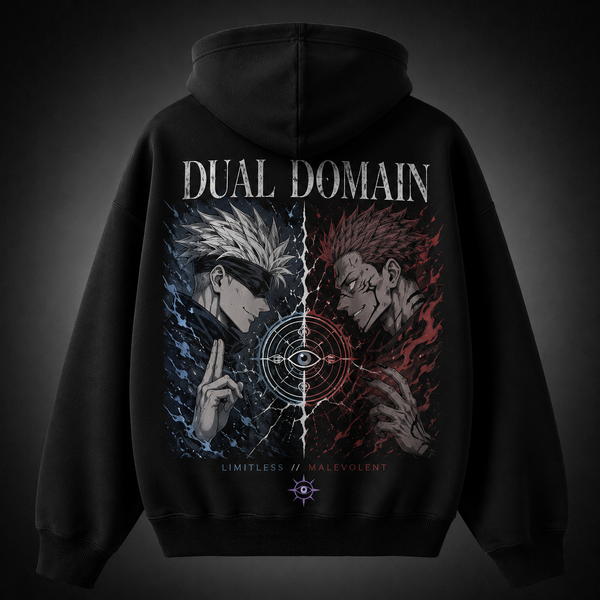 Black hoodie with Gojo Satoru & Sukuna Jujutsu Kaisen Dual Domain graphic – photo 1