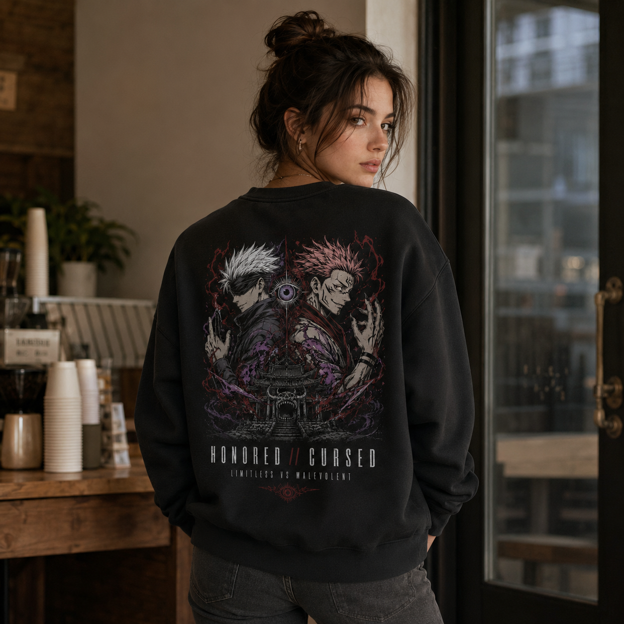 Black sweatshirt with Gojo Satoru & Sukuna Jujutsu Kaisen Honored Cursed graphic – photo 3