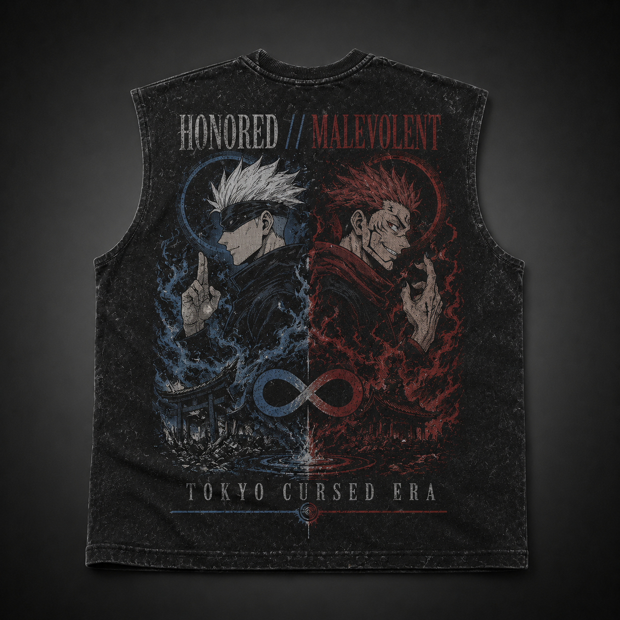 Washed black tank top with Gojo Satoru & Sukuna Jujutsu Kaisen Honored Malevolent graphic – photo 1