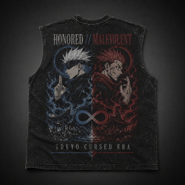 Washed black tank top with Gojo Satoru & Sukuna Jujutsu Kaisen Honored Malevolent graphic – photo 1
