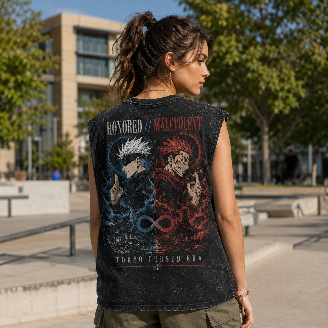 Washed black tank top with Gojo Satoru & Sukuna Jujutsu Kaisen Honored Malevolent graphic – photo 3