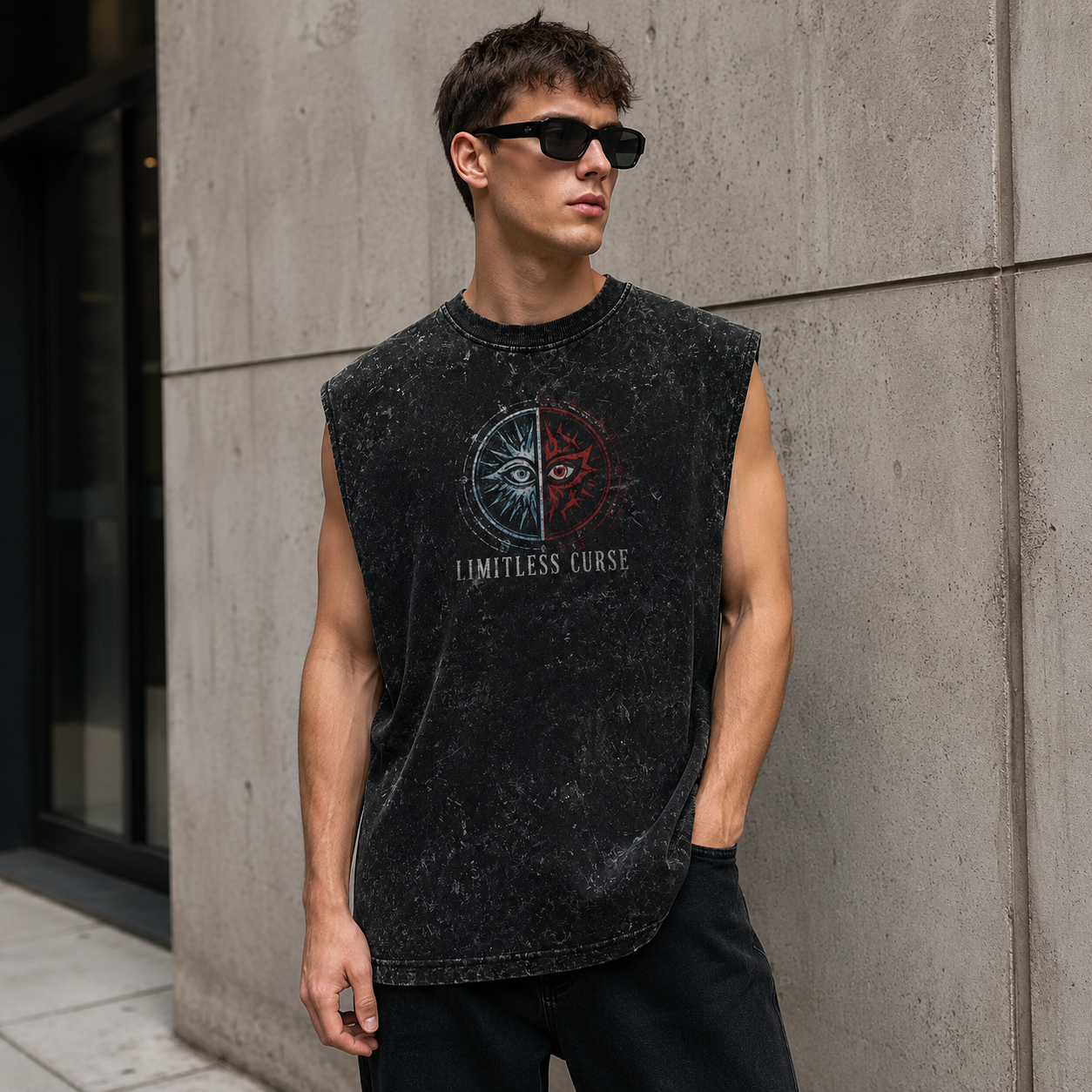 Washed black tank top with Gojo Satoru & Sukuna Jujutsu Kaisen Honored Malevolent graphic – photo 4