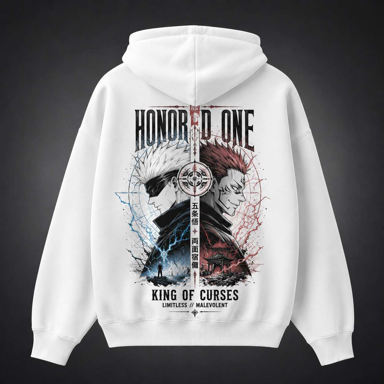 White hoodie with Gojo Satoru & Sukuna Jujutsu Kaisen Honored One graphic – photo 1
