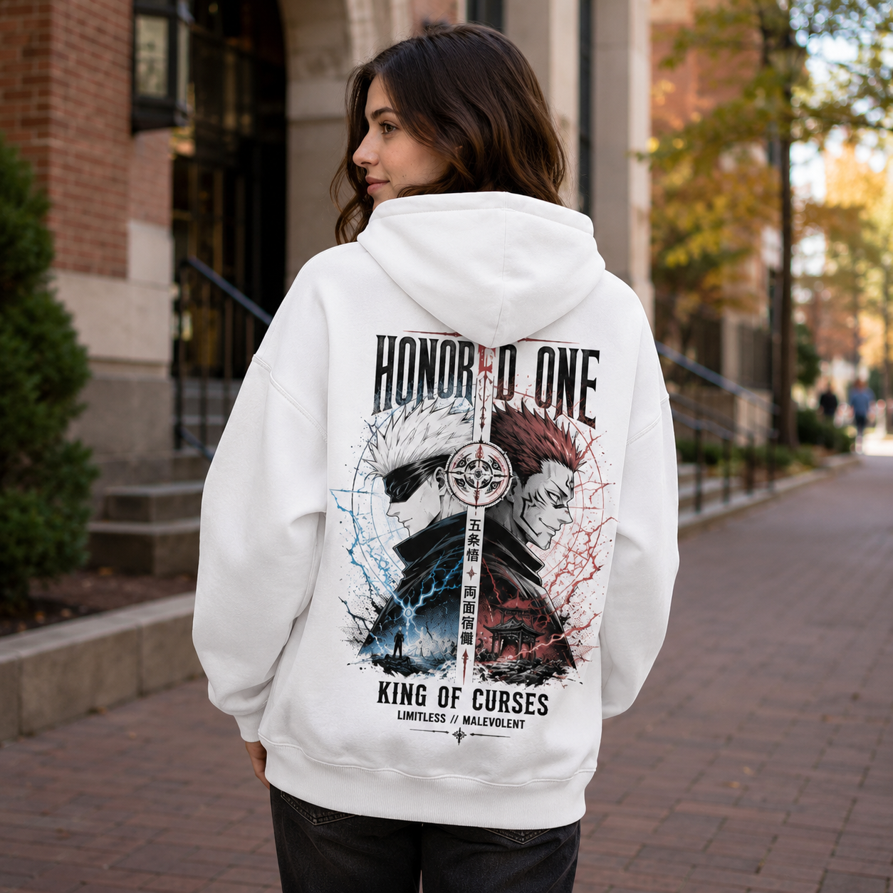 White hoodie with Gojo Satoru & Sukuna Jujutsu Kaisen Honored One graphic – photo 3