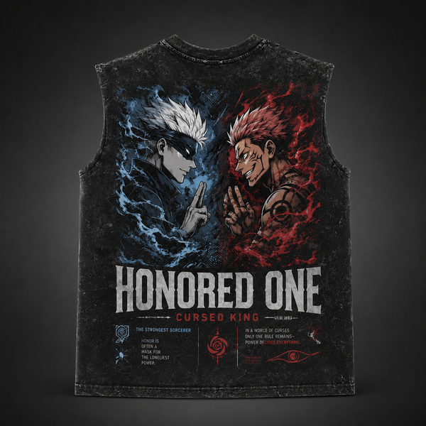 Washed black tank top with Gojo Satoru & Sukuna Jujutsu Kaisen Honored One graphic – photo 1