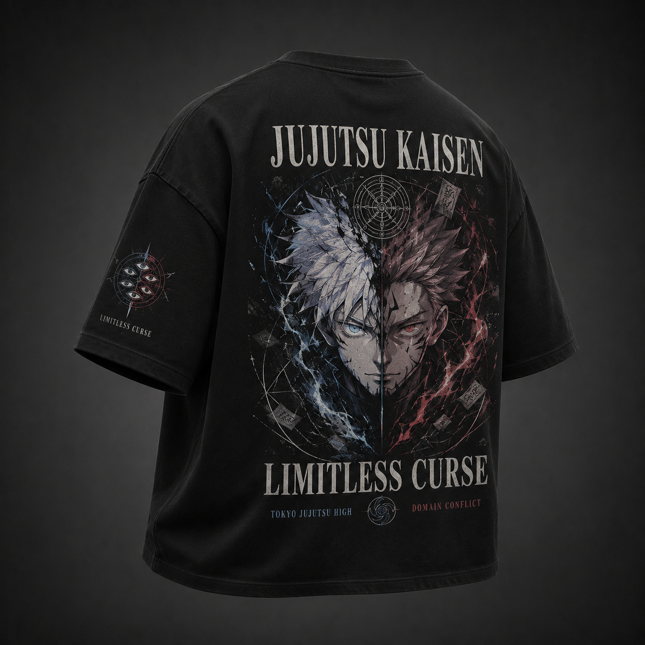 Black t-shirt with Gojo Satoru & Sukuna Jujutsu Kaisen Limitless Curse graphic – photo 1
