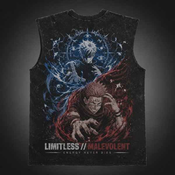 Washed black tank top with Gojo Satoru & Sukuna Jujutsu Kaisen Limitless Malevolent graphic – photo 1