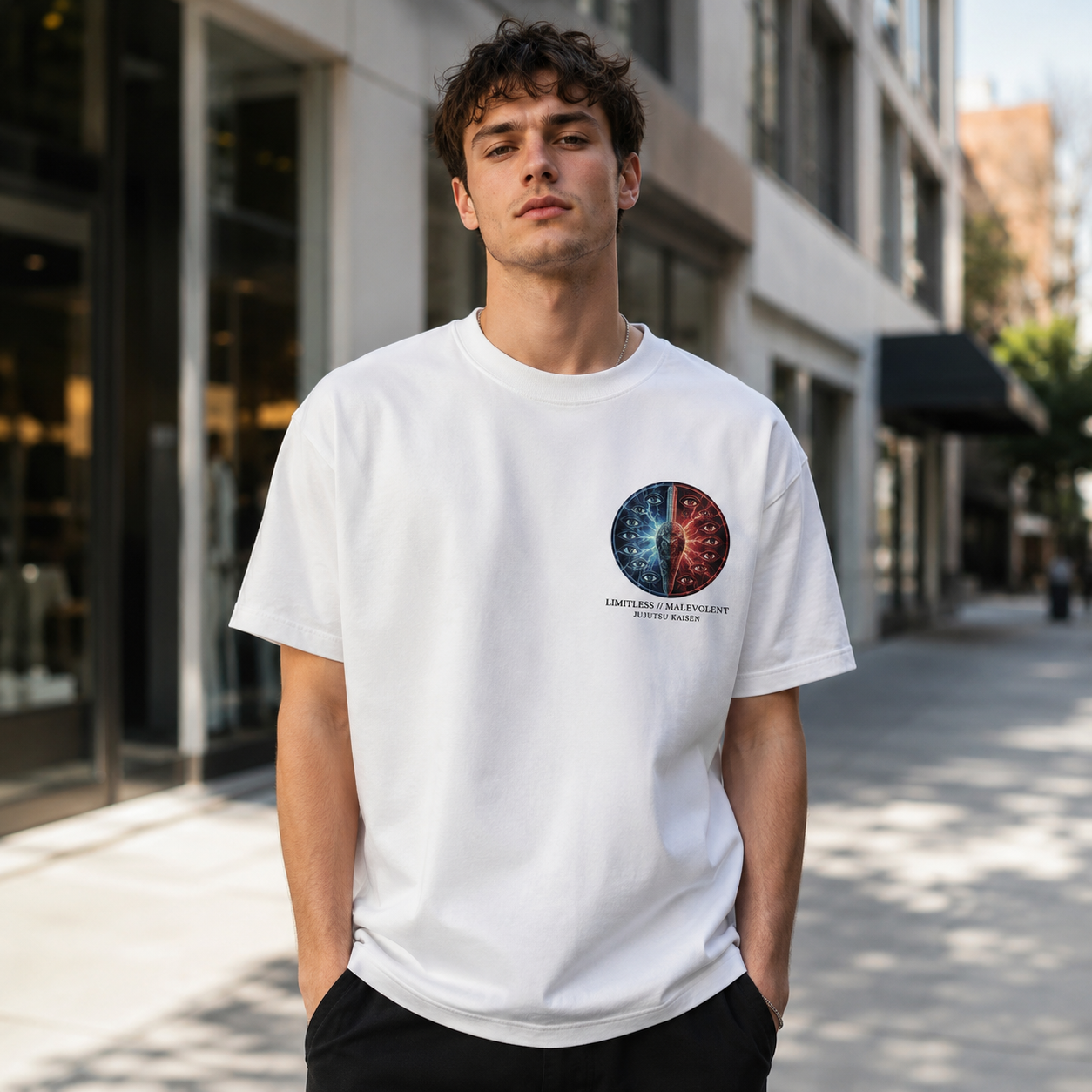 White t-shirt with Gojo Satoru & Sukuna Jujutsu Kaisen Limitless Malevolent graphic – photo 4