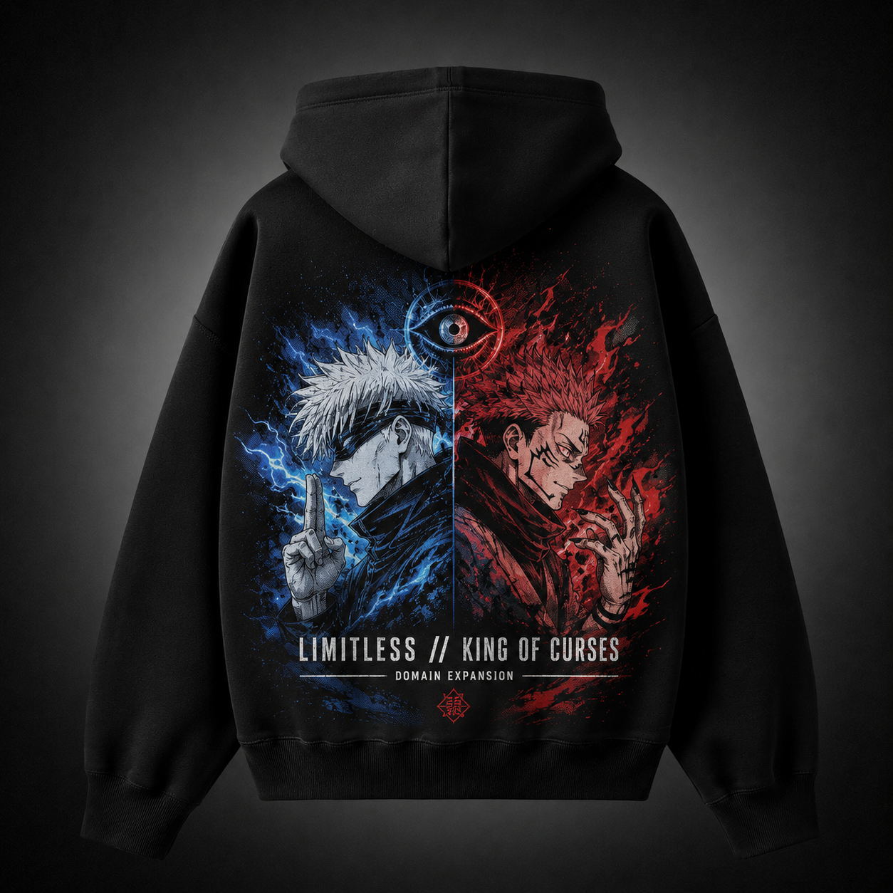 Black hoodie with Gojo Satoru & Sukuna Jujutsu Kaisen Limitless Vs Curses graphic – photo 1