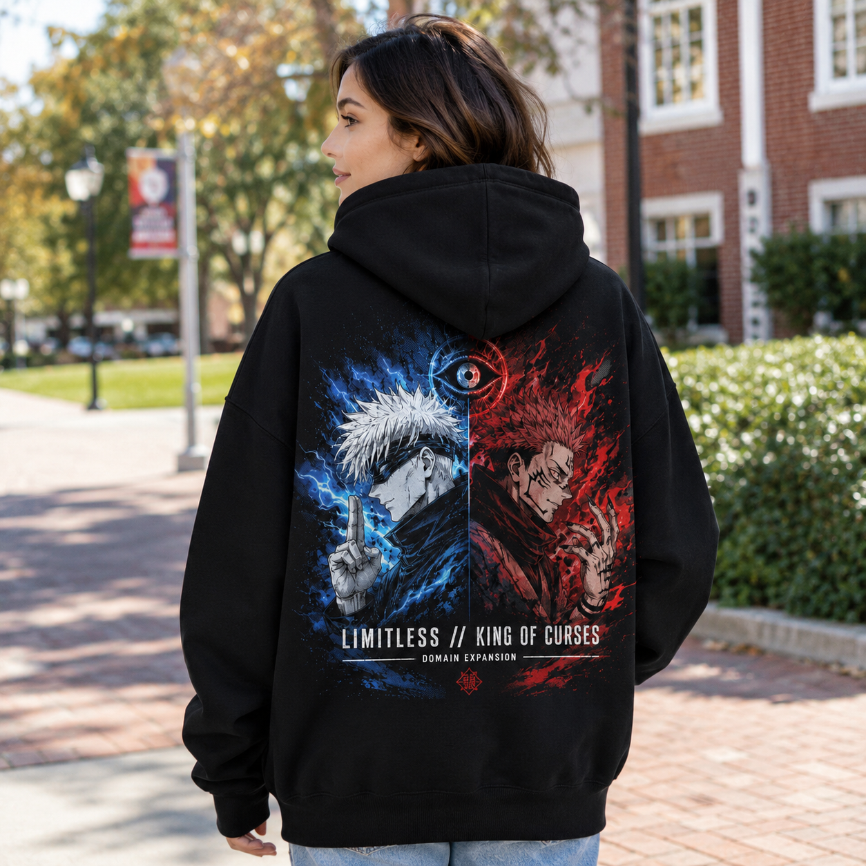Black hoodie with Gojo Satoru & Sukuna Jujutsu Kaisen Limitless Vs Curses graphic – photo 3