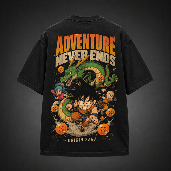 Black t-shirt with Goku & Bulma Dragon Ball Adventure Never Ends graphic – photo 1