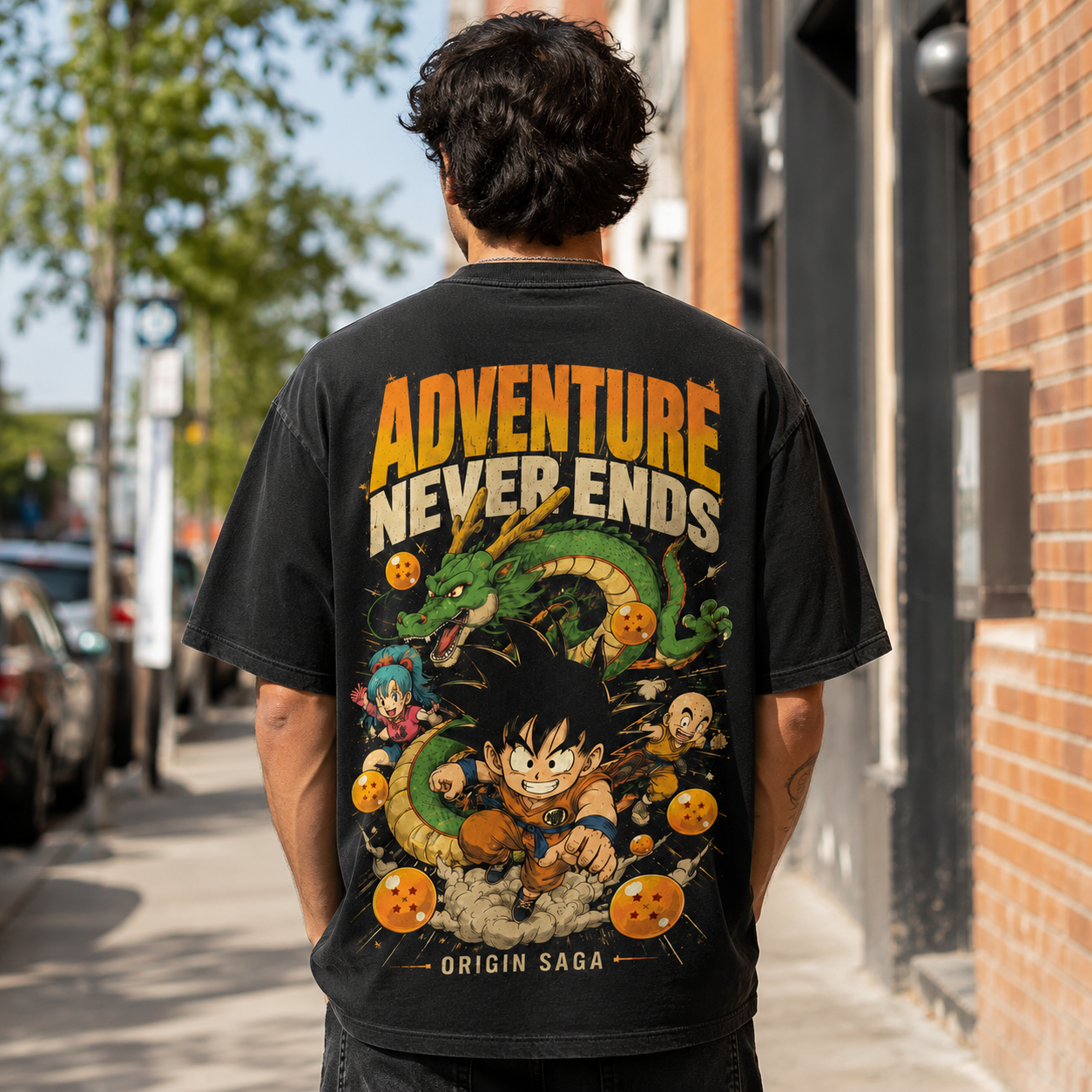 Black t-shirt with Goku & Bulma Dragon Ball Adventure Never Ends graphic – photo 3