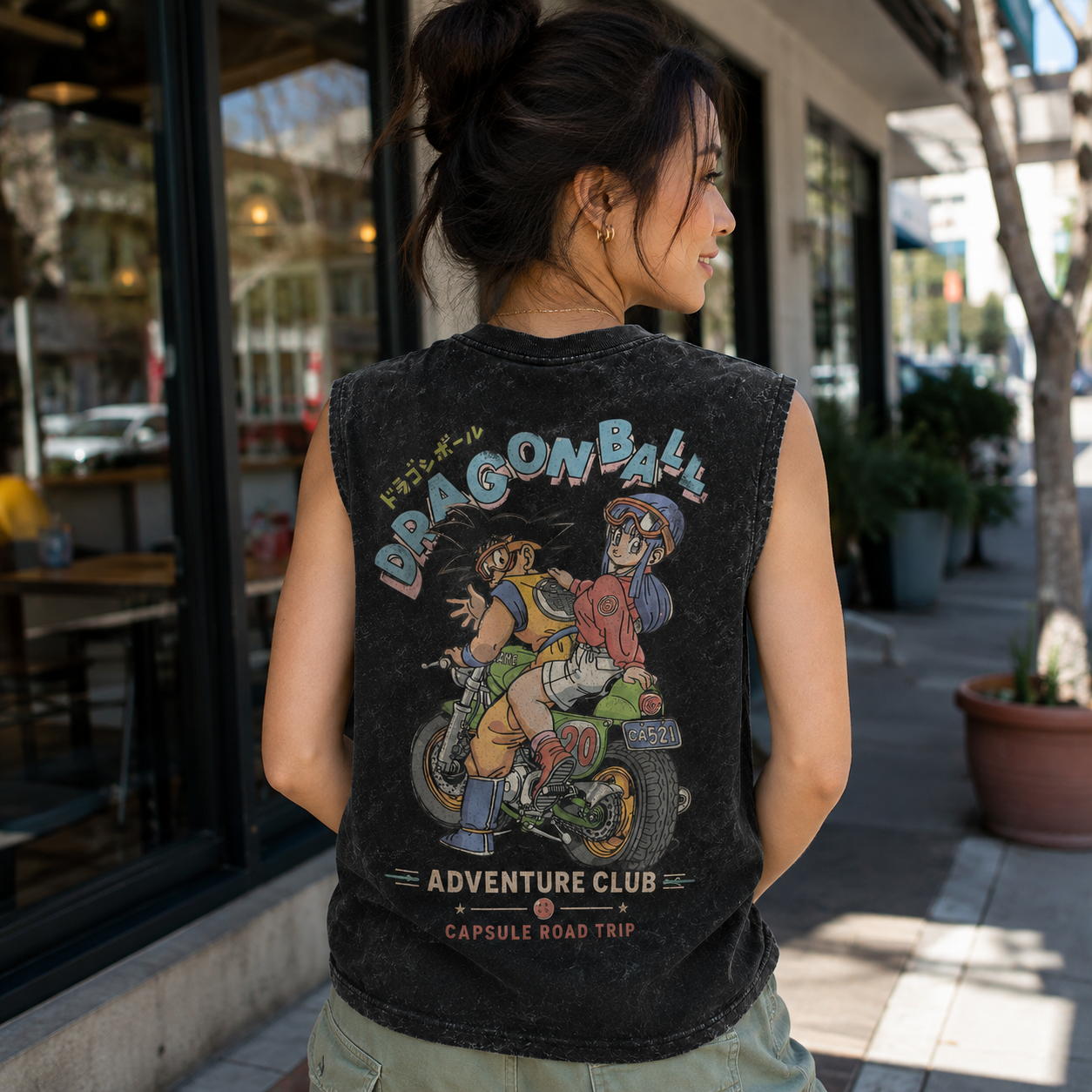 Washed black tank top with Goku & Bulma Dragon Ball Capsule Road Trip graphic – photo 3