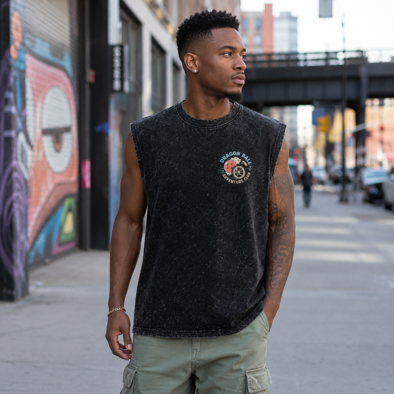 Washed black tank top with Goku & Bulma Dragon Ball Capsule Road Trip graphic – photo 4