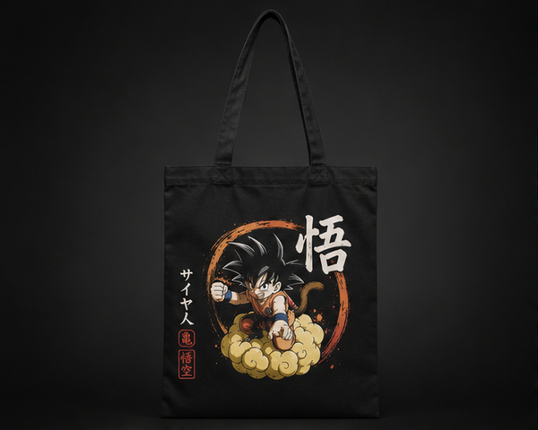 Black tote bag with Goku Dragon Ball Flying Nimbus Ride graphic – photo 1
