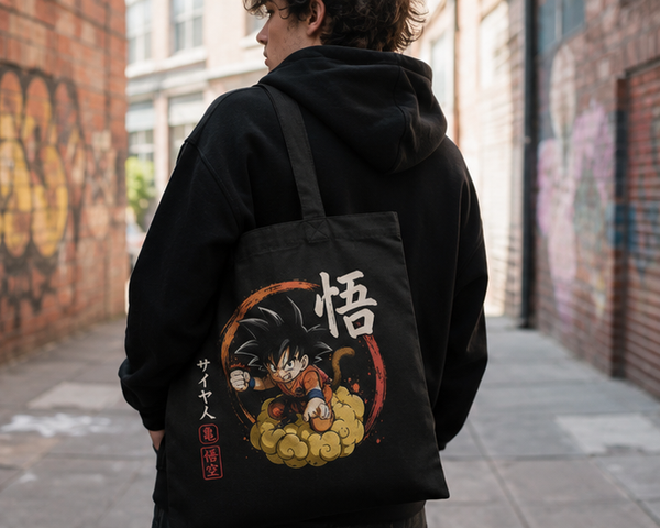 Black tote bag with Goku Dragon Ball Flying Nimbus Ride graphic – photo 2