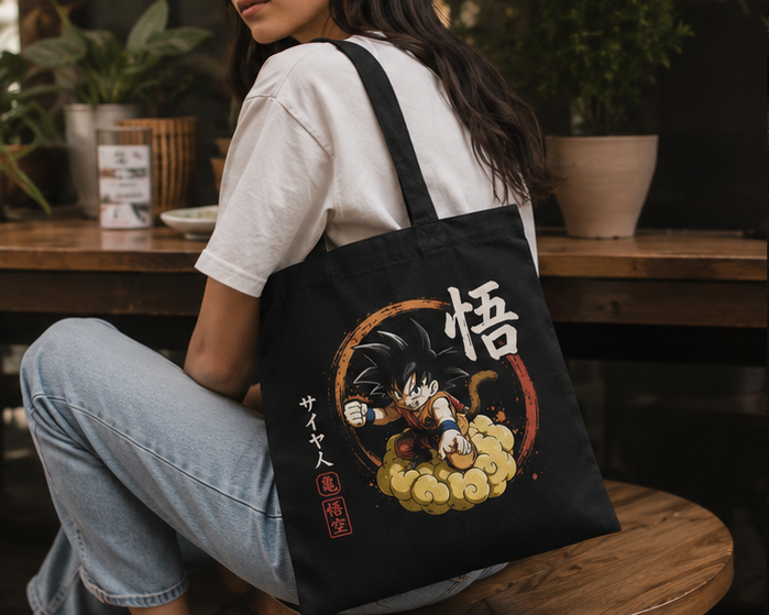 Black tote bag with Goku Dragon Ball Flying Nimbus Ride graphic – photo 3