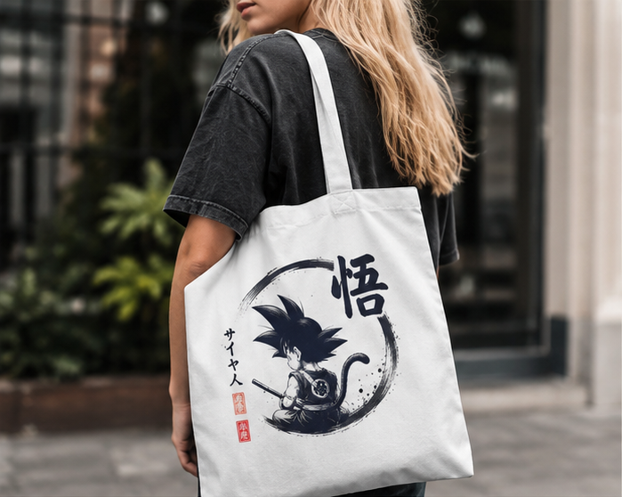 White tote bag with Goku Dragon Ball Saiyan Ink Circle graphic – photo 2