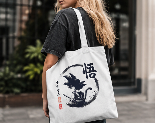 White tote bag with Goku Dragon Ball Saiyan Ink Circle graphic – photo 2
