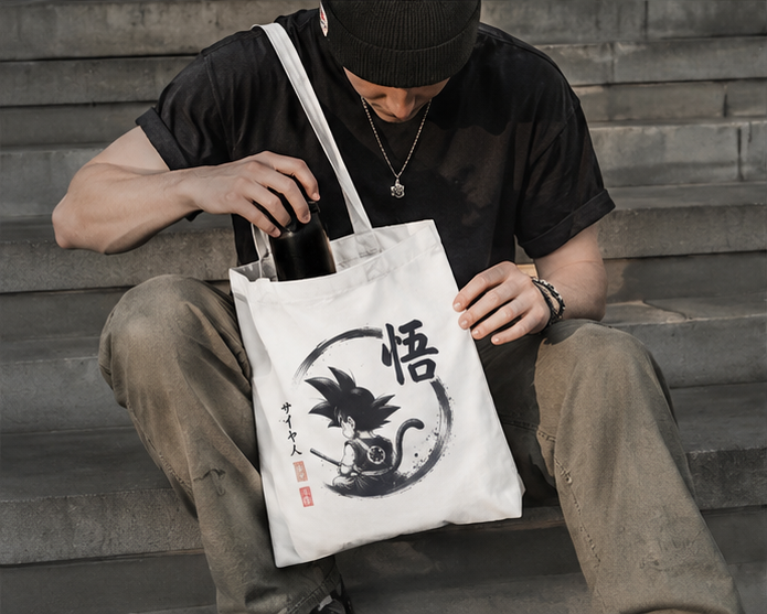 White tote bag with Goku Dragon Ball Saiyan Ink Circle graphic – photo 3