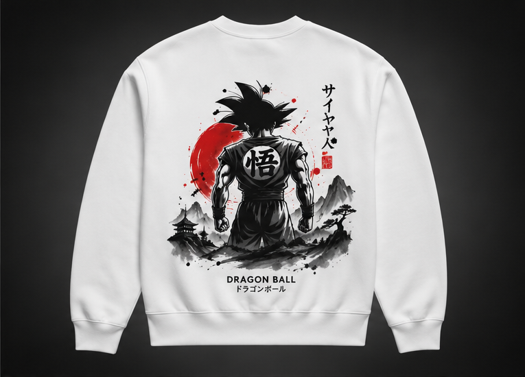 White sweatshirt with Goku Dragon Ball Sumi-e Warrior graphic – photo 2