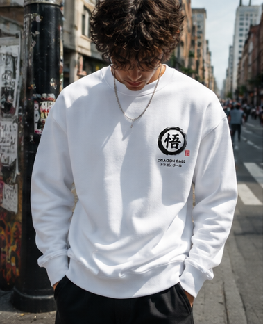 White sweatshirt with Goku Dragon Ball Sumi-e Warrior graphic – photo 3