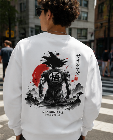 White sweatshirt with Goku Dragon Ball Sumi-e Warrior graphic – photo 4