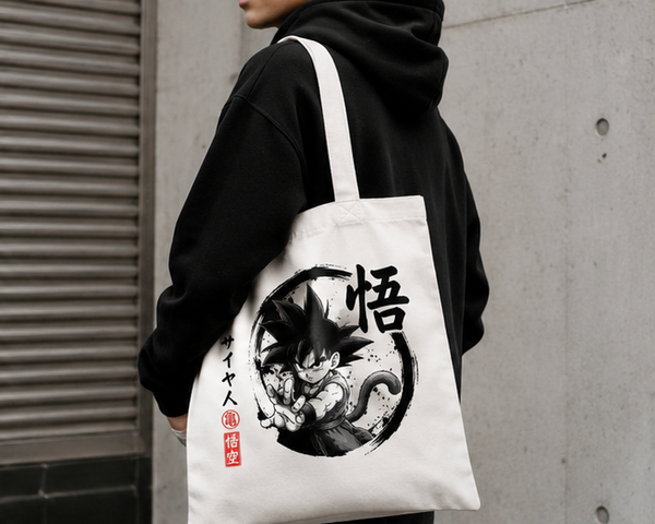 White tote bag with Goku Dragon Ball Turtle School Strike graphic – photo 2