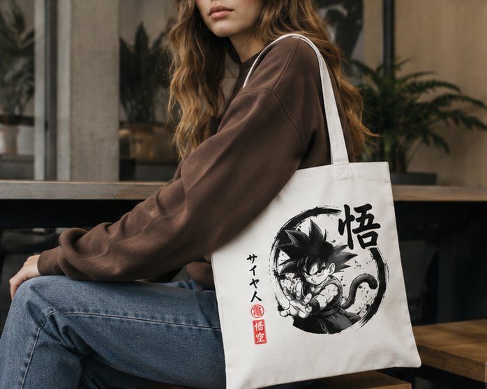 White tote bag with Goku Dragon Ball Turtle School Strike graphic – photo 3