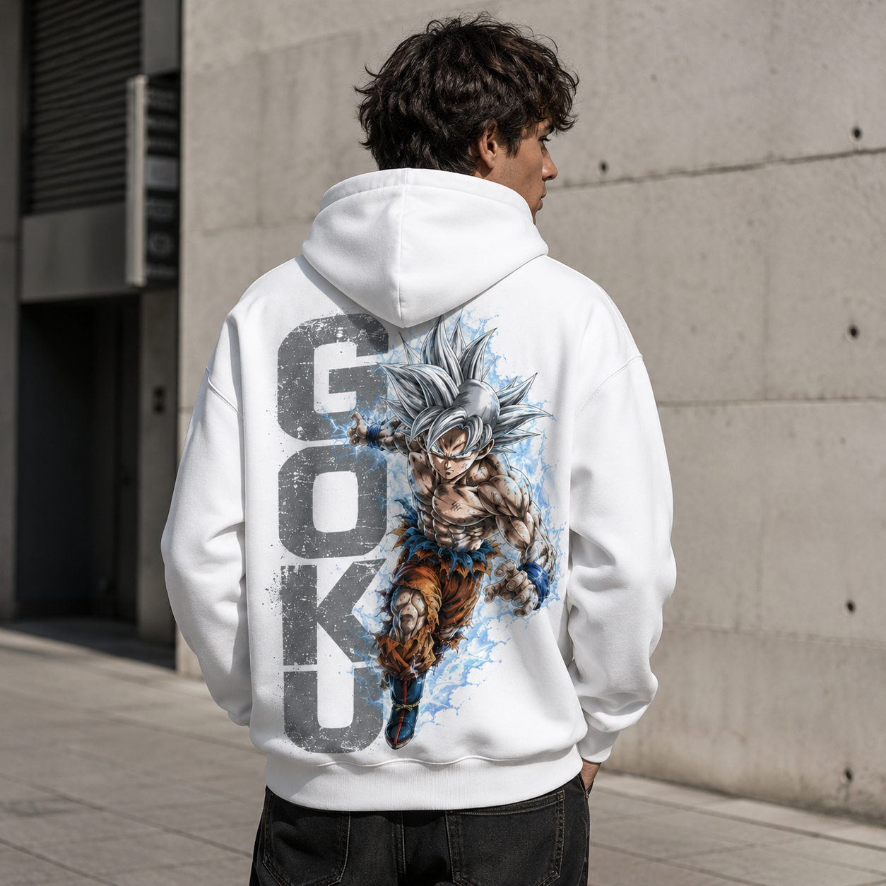 White hoodie with Goku Dragon Ball Ultra Instinct Goku graphic – photo 3