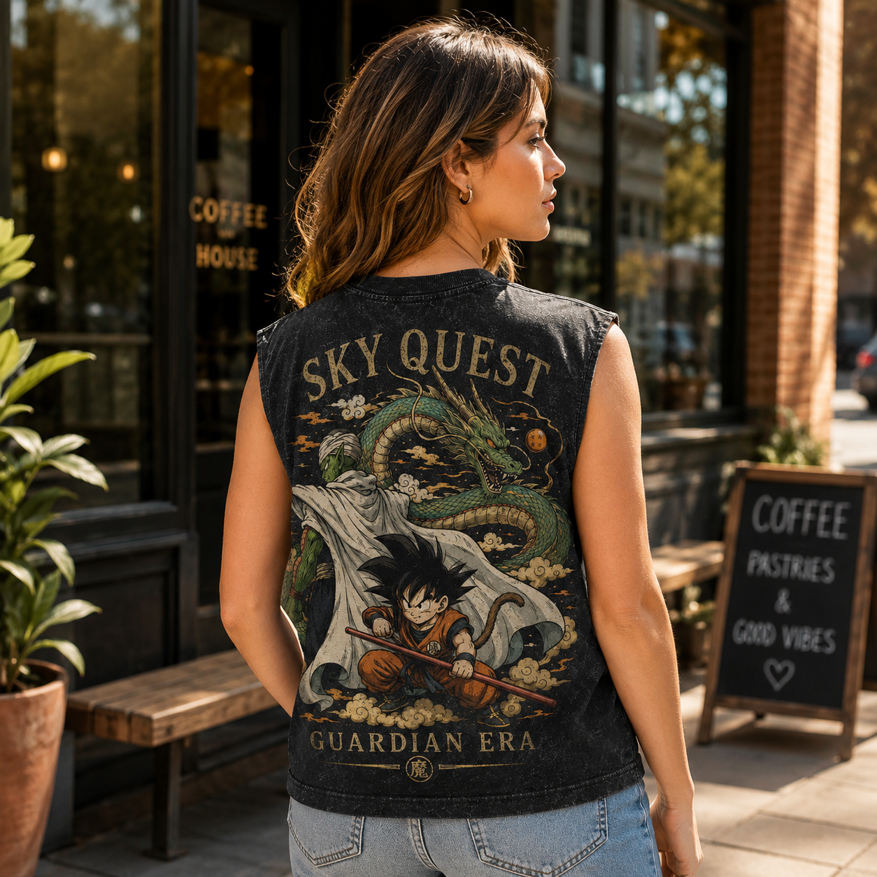 Washed black tank top with Goku & Piccolo Dragon Ball Sky Quest graphic – photo 3