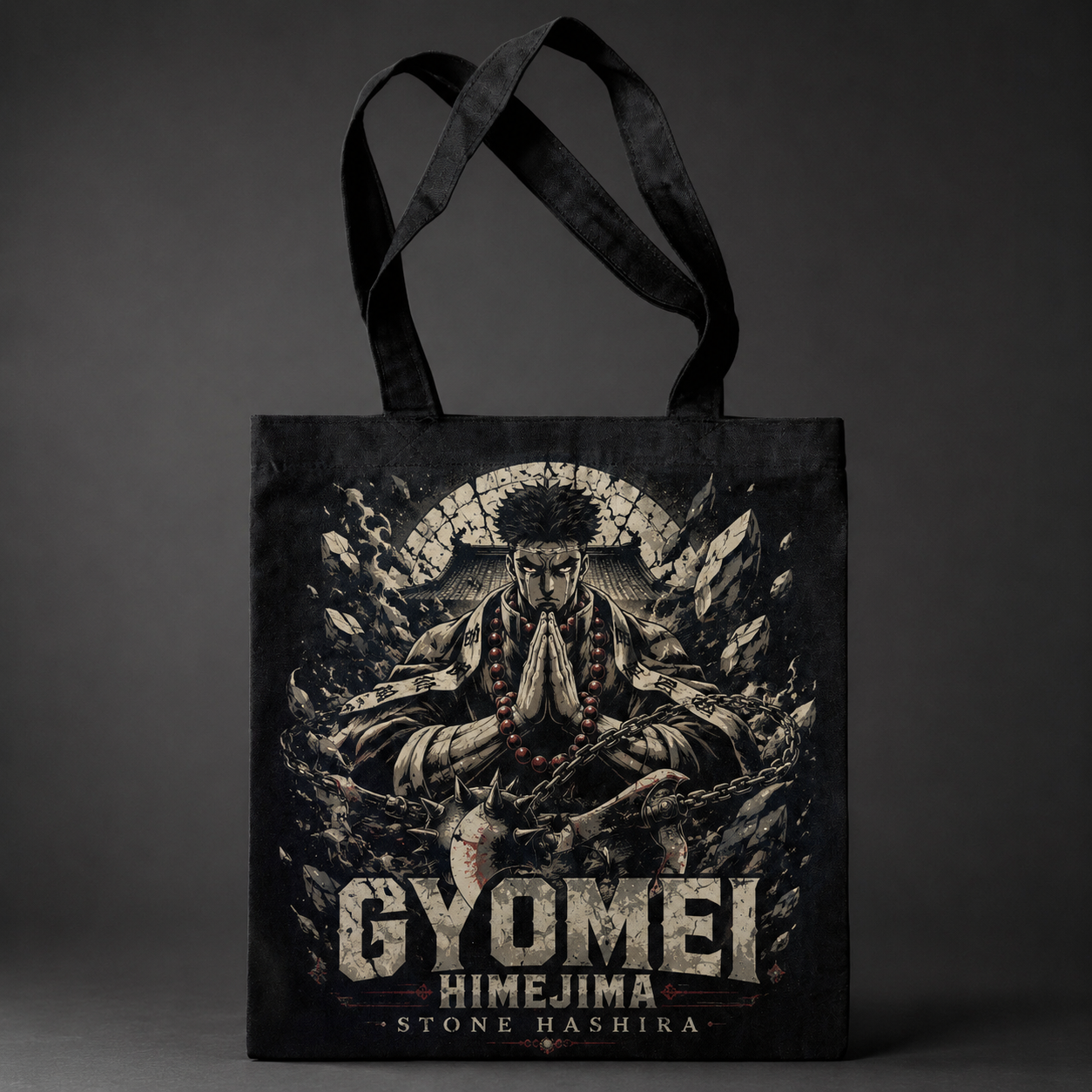 Black tote bag with Gyomei Himejima Demon Slayer Stone Hashira Prayer graphic – photo 1