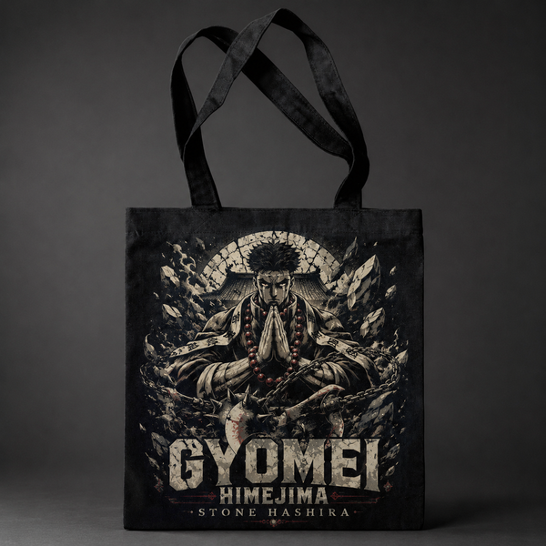 Black tote bag with Gyomei Himejima Demon Slayer Stone Hashira Prayer graphic – photo 1