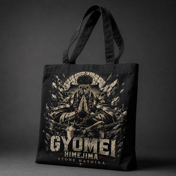 Black tote bag with Gyomei Himejima Demon Slayer Stone Hashira Prayer graphic – photo 2