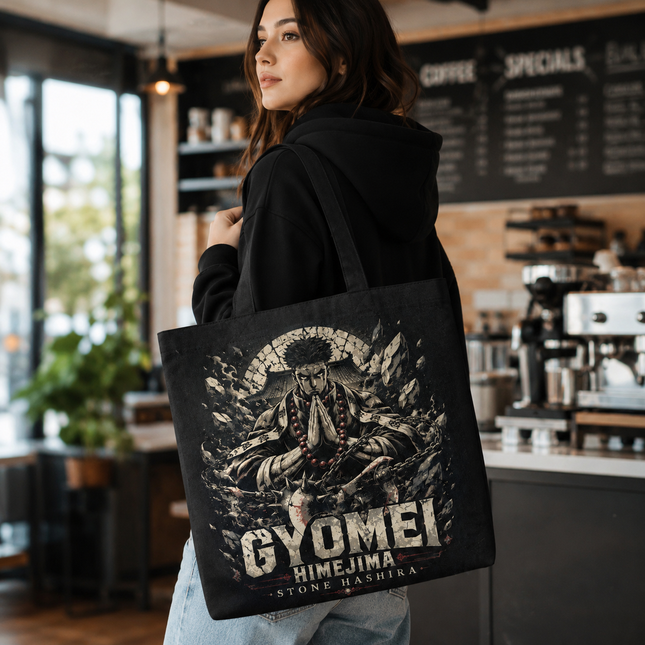 Black tote bag with Gyomei Himejima Demon Slayer Stone Hashira Prayer graphic – photo 4