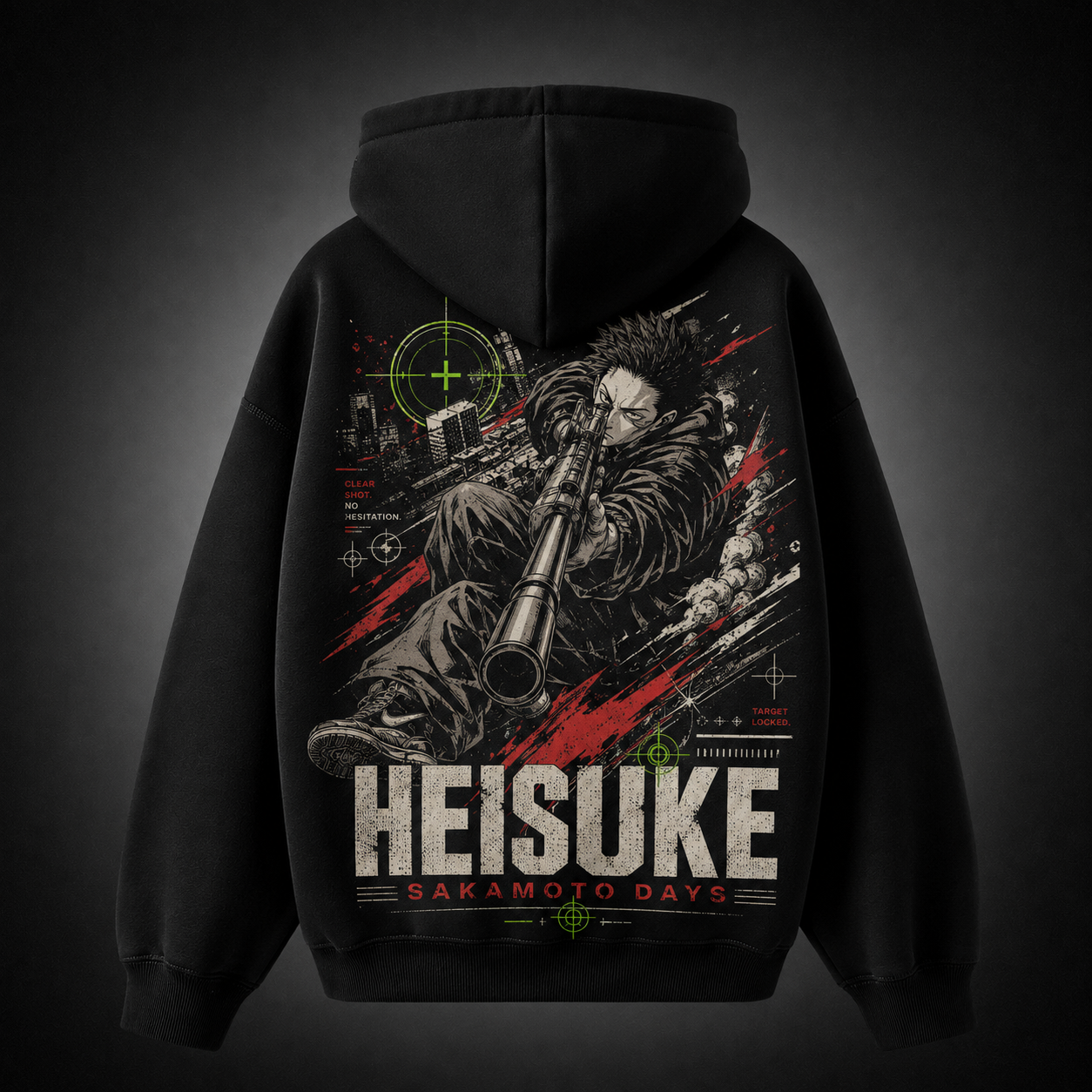 Black hoodie with Heisuke Mashimo Sakamoto Days Clear Shot graphic – photo 1