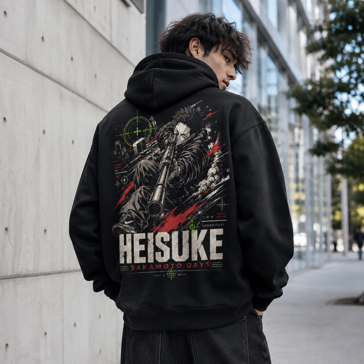 Black hoodie with Heisuke Mashimo Sakamoto Days Clear Shot graphic – photo 3
