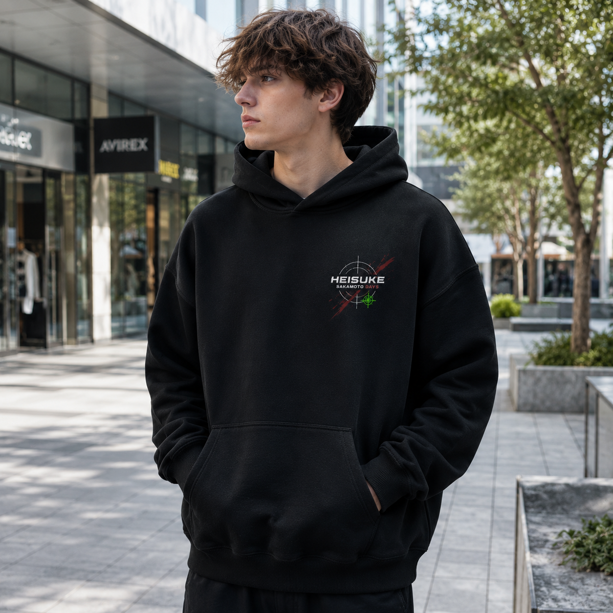 Black hoodie with Heisuke Mashimo Sakamoto Days Clear Shot graphic – photo 4