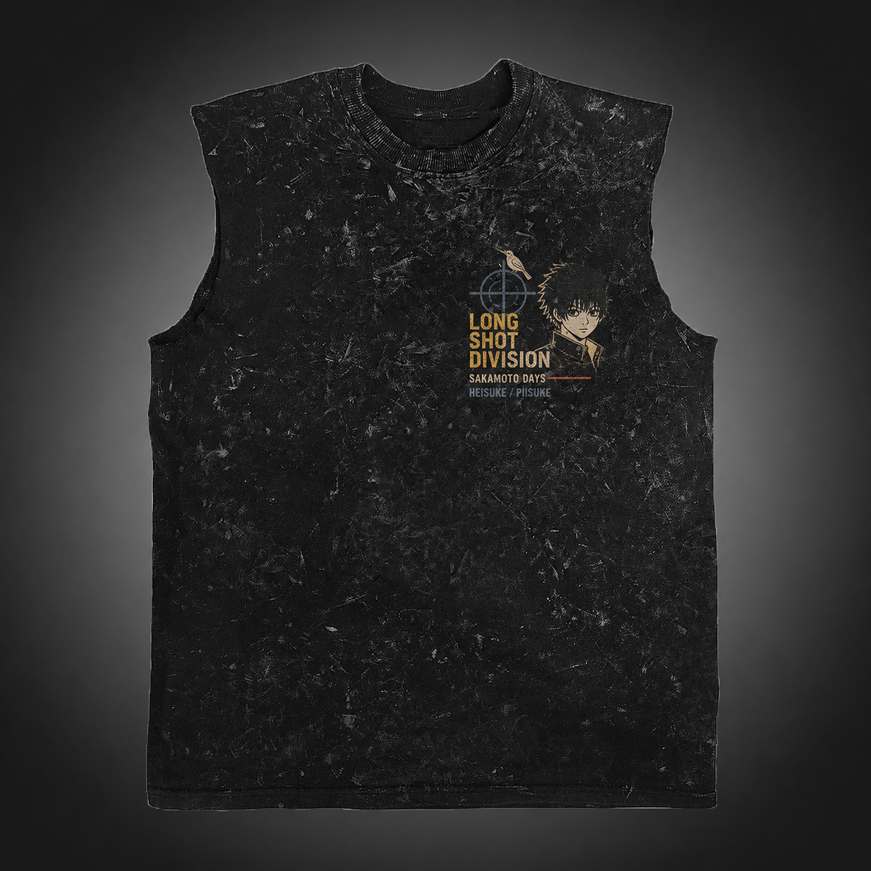Washed black tank top with Heisuke Mashimo Sakamoto Days Long Shot Uproar graphic – photo 2
