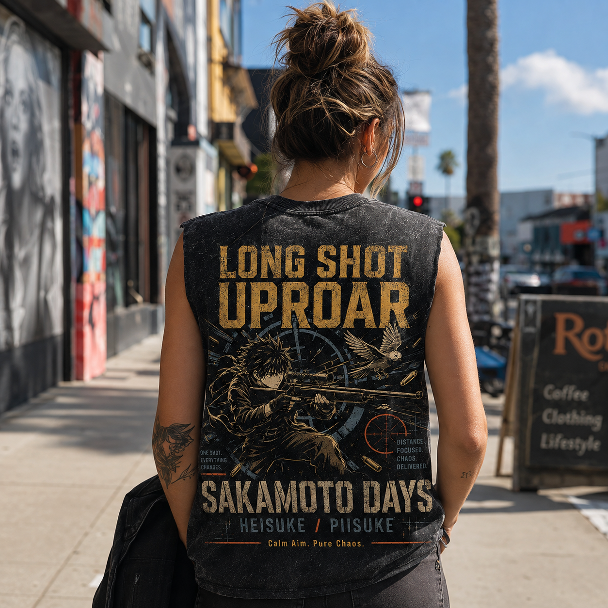 Washed black tank top with Heisuke Mashimo Sakamoto Days Long Shot Uproar graphic – photo 3