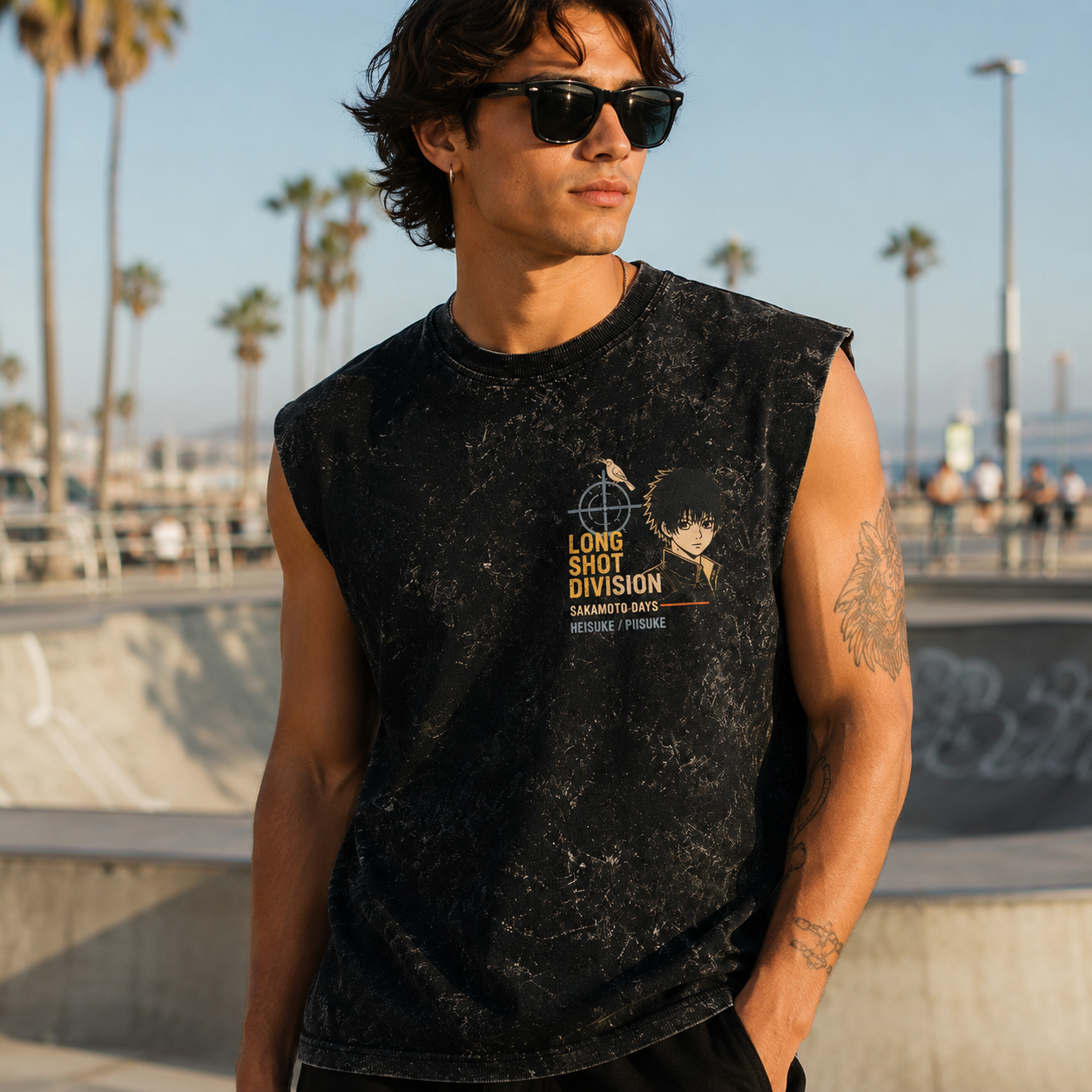 Washed black tank top with Heisuke Mashimo Sakamoto Days Long Shot Uproar graphic – photo 4