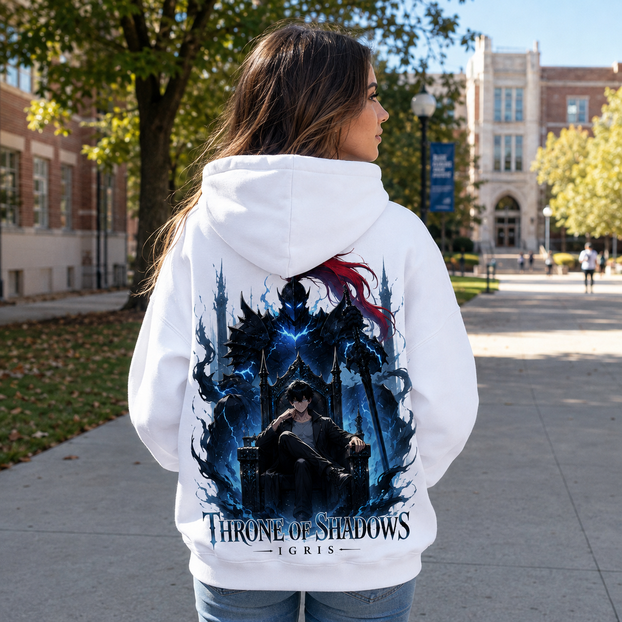 White hoodie with Igris Solo Leveling Throne Of Shadows graphic – photo 3