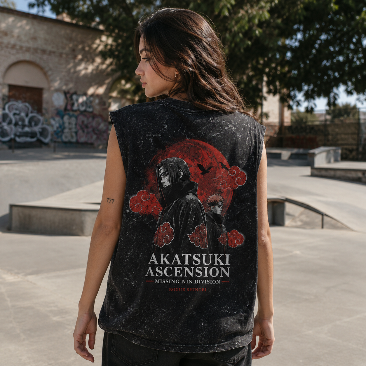 Washed black tank top with Itachi Uchiha Naruto Akatsuki Ascension graphic – photo 3