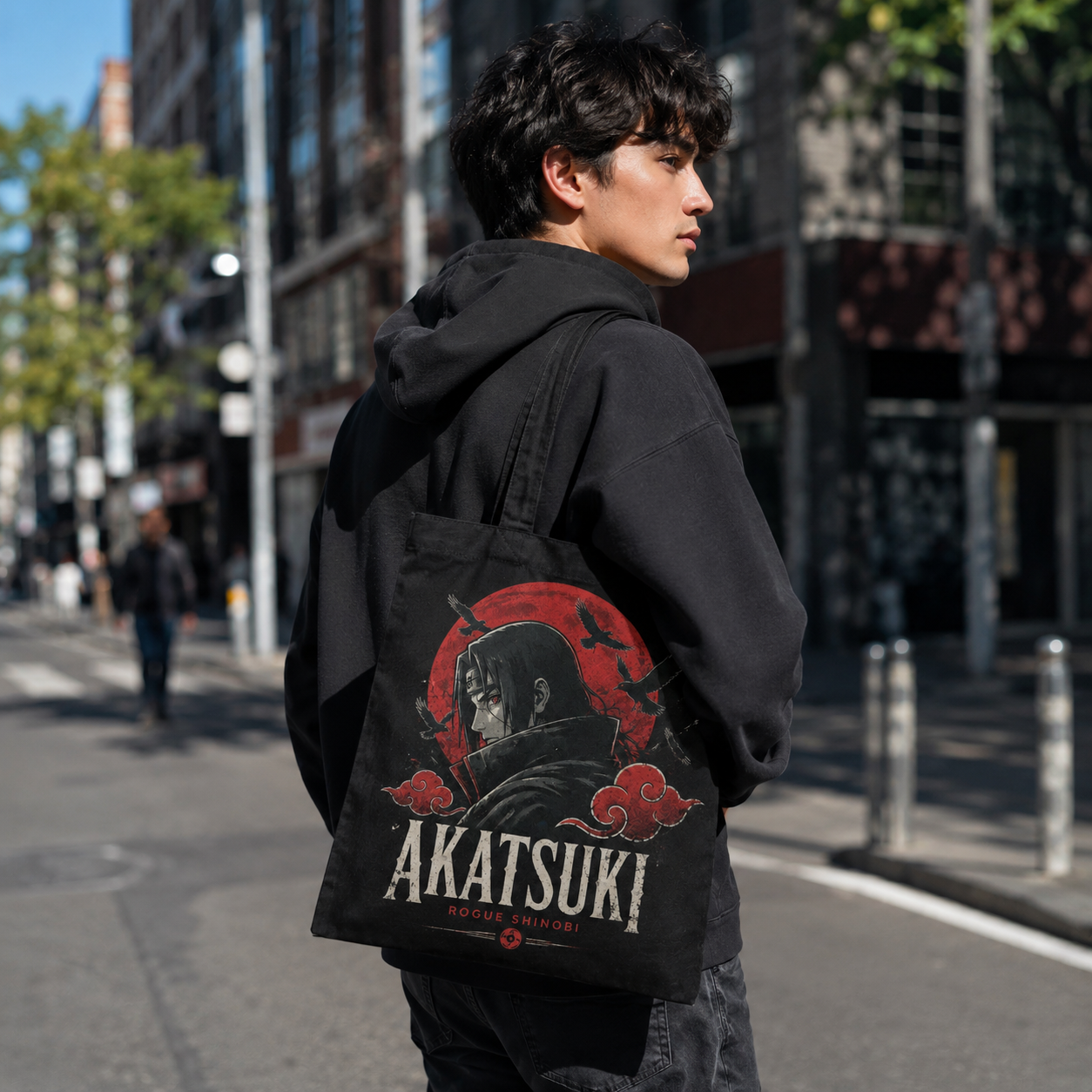 Black tote bag with Itachi Uchiha Naruto Akatsuki Rogue Shinobi graphic – photo 3