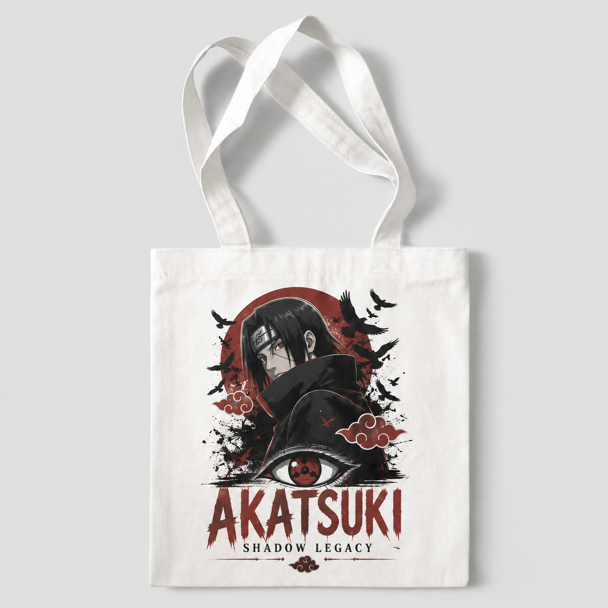 White tote bag with Itachi Uchiha Naruto Akatsuki Shadow Legacy graphic – photo 1