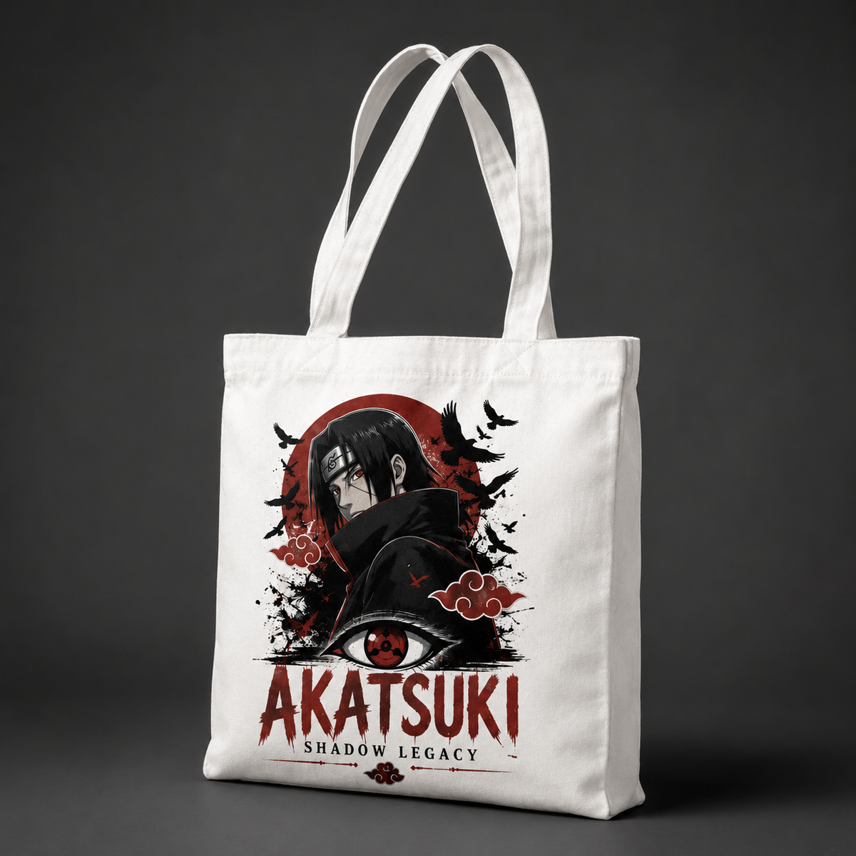 White tote bag with Itachi Uchiha Naruto Akatsuki Shadow Legacy graphic – photo 2