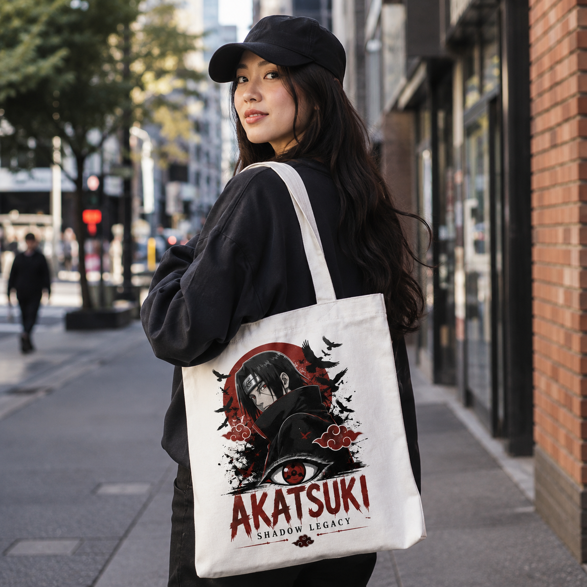 White tote bag with Itachi Uchiha Naruto Akatsuki Shadow Legacy graphic – photo 3