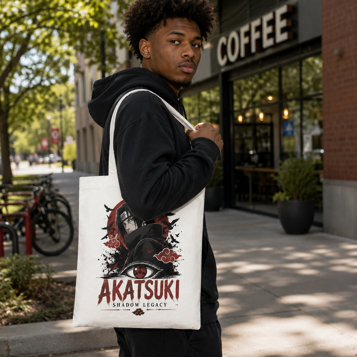 White tote bag with Itachi Uchiha Naruto Akatsuki Shadow Legacy graphic – photo 4