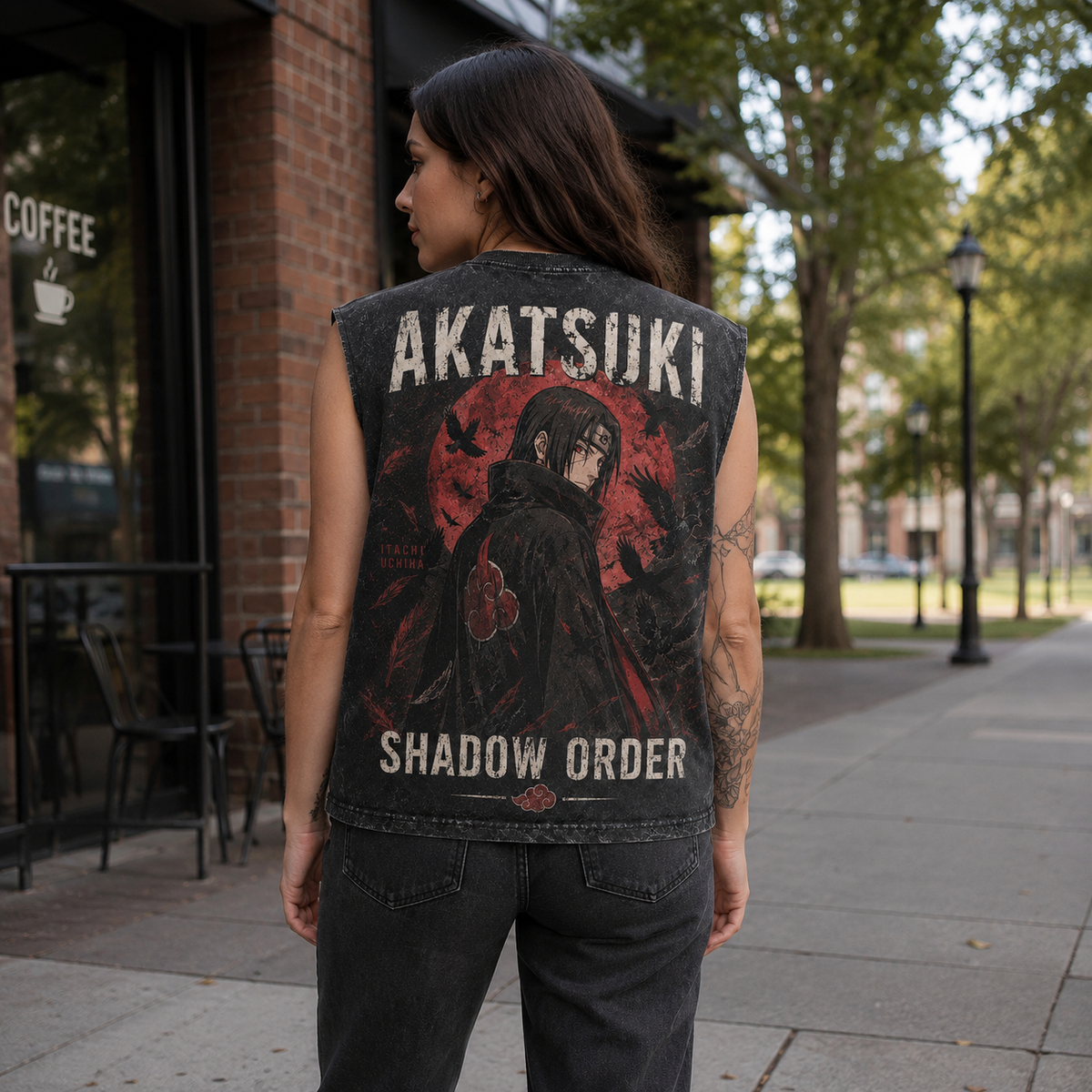 Washed black tank top with Itachi Uchiha Naruto Akatsuki Shadow Order graphic – photo 3
